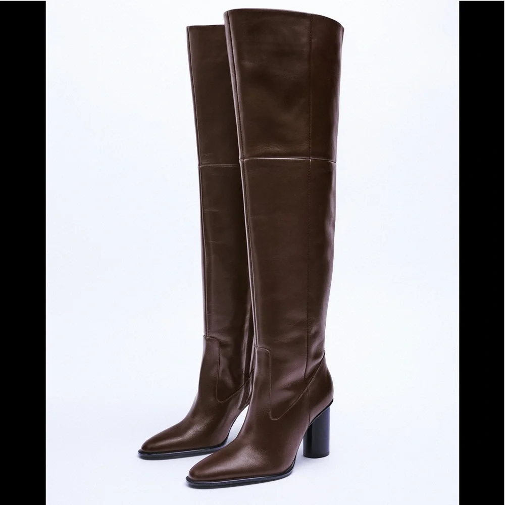 NWT ZARA Heeled Leather Over The Knee Boots Chocolate Brown 9/40 Blogger’s Fav